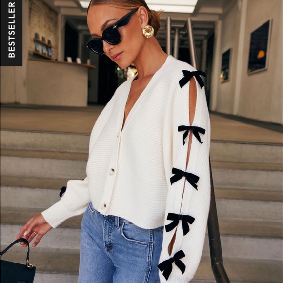 Vici Sweaters - Vici Sweet Darling Bow Embellished Cardigan, BRAND NEW